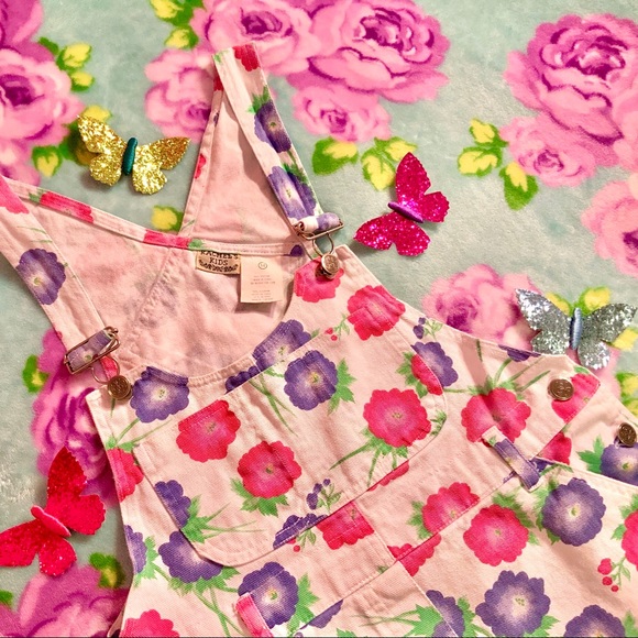 Rachel’s Kids Other - Vtg 90’s White Denim Overalls Pink Purple Flowers